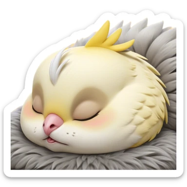 Meme-Worthy Cute Sleeping Cockatiel Portrait Emoji, Head resting peacefully with a contented smile, showcasing a delicate, slender build and a luxuriously soft grey fur with gentle yellow accents, eyes shut in a serene nap, Simplified yet hilariously adorable features, highly detailed, glowing with a soft, drowsy light, high shine, relaxed and utterly lovable, stylized with an air of playful laziness, bright and heartwarming, soft glowing outline, capturing the essence of a comically sleepy cockatiel, so meme-worthy it feels like it could instantly become the next viral sensation of adorable slumber! sticker