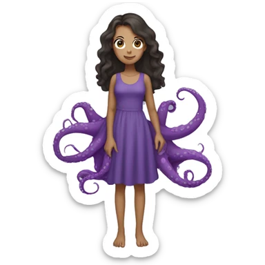 girl (full body) with longish dark hair, wearing a purple dress and holding a purple octopus sticker