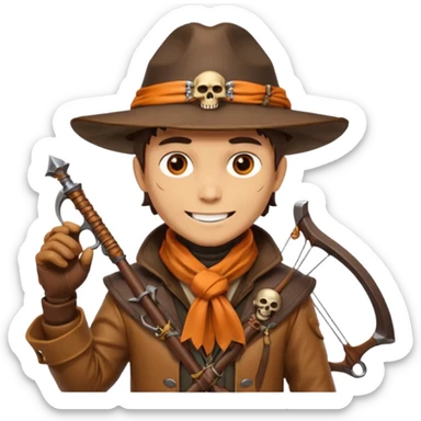 male human monster hunter emoji, wearing brown leather coat and wide hat, holding crossbow, with amulet shaped like skull, Halloween fantasy theme, confident smile, orange scarf, Apple emoji style, clean white background, square image sticker