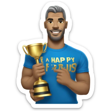 A happy Blue Cane Corso in a blue and gold tee shit with JJC on the front holding a huge trophy. sticker