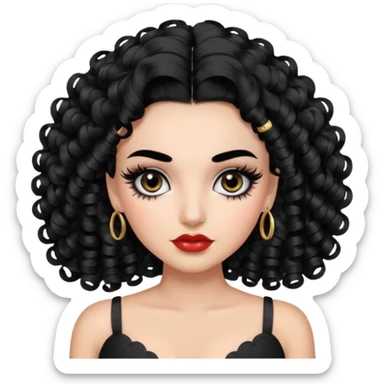 generate the emoji of a girl with fair skin, black hair, bombshell curls, black eyes, long false eyelashes, black eyebrows, latina makeup sticker