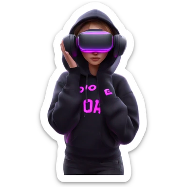 Russian girl wearing black hoody with violet letters "OMG", in vr headset oculus quest2. Dancing. Cyberpunk style. Violet neon. sticker