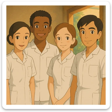 Group of four nursing students, Ghibli style, wearing short-sleeved white uniforms with V-neck collars, left chest pockets, no stand-up collars, no stethoscopes, clean sleeves. Characters inspired by four provided faces. sticker