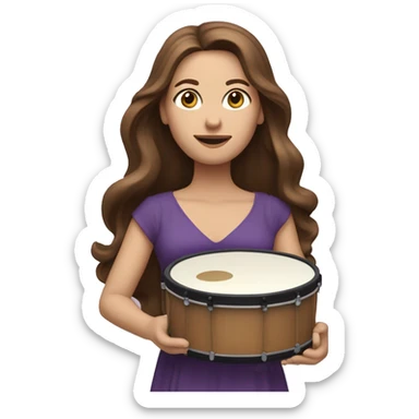 White woman standing with long flowing purple dress and long wavy brown hair holding a small handheld frame drum and a drum stick sticker
