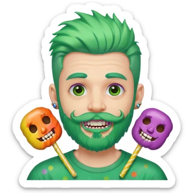 very colorful puffy green haired man just beard  no mustache made out of candy wearing teeth-braces and excessive face tattoos just face  sticker