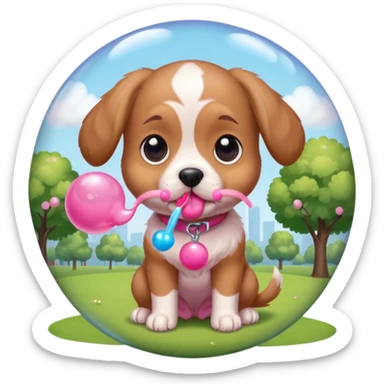 Cute tiny puppy blowing bubblegum at the park sticker