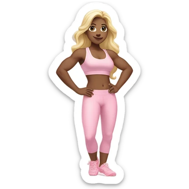 White woman, pale skin, long hair, blonde hair, wavy hair, baby pink sports bra, baby pink leggings, flexing right arm, left hand on hip sticker