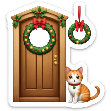 A door with a cat in front of it with h christmas elements on the door sticker