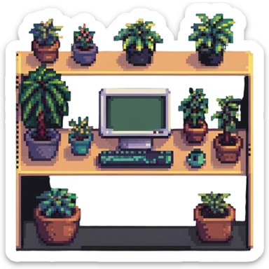 lofi pixel art room with computer and potted plant sticker