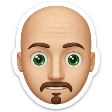 white caucasian bald man's face, with brown goatee and dark green eyes, oval face, rounded, big, little eyes a small smile sticker