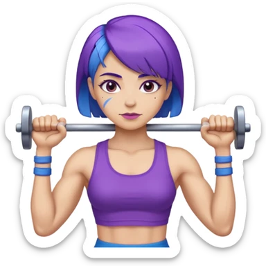 weight lift woman short blue purple har muscles bar is not growing from head sticker