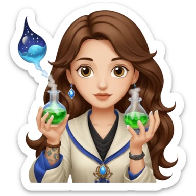 moon alchemist woman long wavy brown hair tattoos holding small potion sticker
