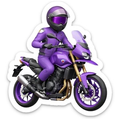 Créer un emoji avec une moto mt07 sport noir mate / violet iridescent très foncé. Avec une pilote dessus visière violet sombre faceless, bulle de la moto violet. Avec fond arrière violet sticker