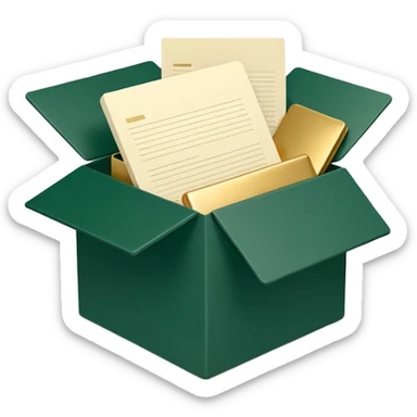 3D minimal open box with papers and documents floating out, matte finish, deep green (#0B3D2C) box, cream (#F5F5DC) papers, gold (#C9B037) subtle glow, Apple style, clean and premium, soft shadow, transparent background sticker
