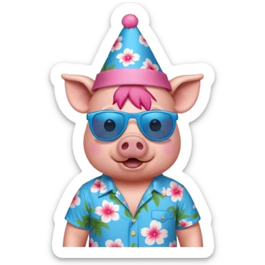 Pig with blue aloha shirt, birthday hat, sunglasses sticker
