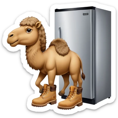 A stainless steel refrigerator with a camel head emerging from the freezer door and camel legs with tan Timberland work boots at the bottom sticker