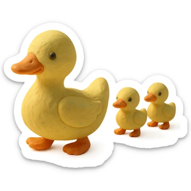 mother duck with ducklings following her, playful and cute, pastel colors, visible fingerprints, claymation style sticker