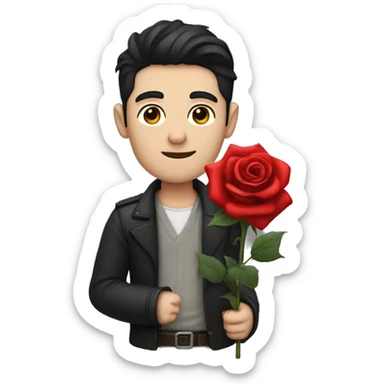 A man with pale skin and black hair clutching a red rose in his hand sticker
