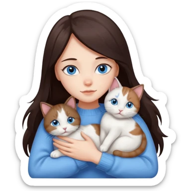 a girl with long dark 
brown hair, with blue eyes, in a
white sweater, hugs 3 different natural coloured cats sticker