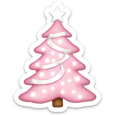 Pastel Pink Christmas tree with pink lights, white ornaments, and white ribbon sticker