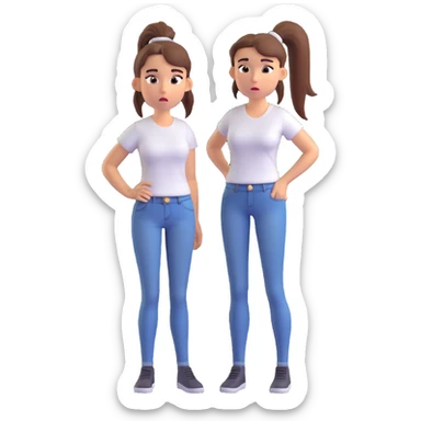 3D cartoon woman with ponytail, white t-shirt, jeans, confused look sticker