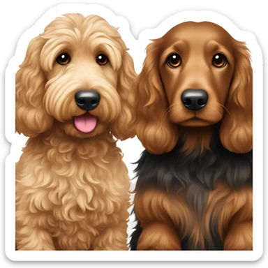 Large Brown goldendoodle and black and tan longhair dachshund sitting together  sticker