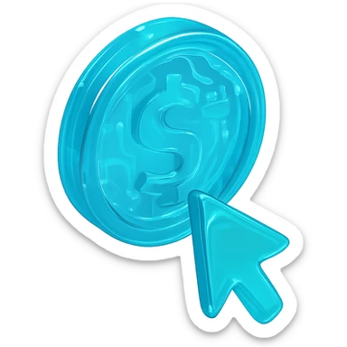 Icon of a coin with a mouse cursor clicking on it, modern and sleek, cyan blue sticker