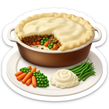 Cinematic Realistic Shepherd's Pie Dish Emoji, depicted with rich, savory minced lamb and vegetable filling topped with creamy mashed potatoes, rendered with exquisite detail and natural warm lighting that highlights its homestyle appeal. sticker