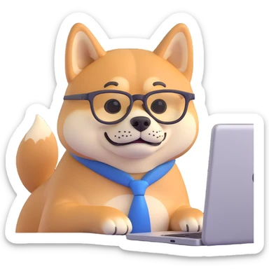 shiba inu with eye glasses and computer sticker