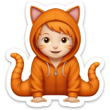 little kid Toddler in orange cat hoodie, crawling pose sticker