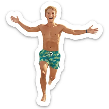 A white man running into the ocean with arms wide open, embracing the waves and the moment. The sun shines warmly, and the water sparkles, symbolizing the joy of creating fun and appreciating life’s simple moments. Their footprints in the sand fade as they fully immerse themselves in the present. sticker