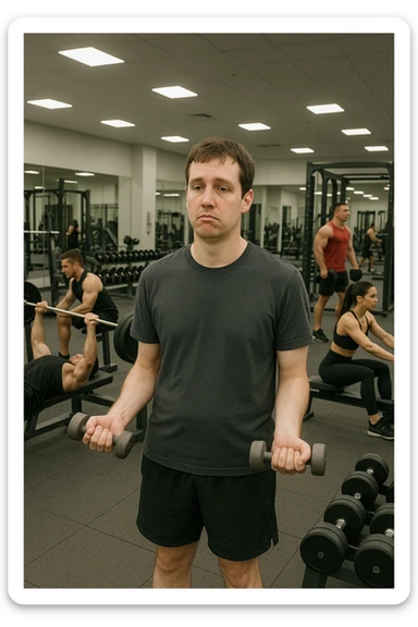 Uomo in palestra moderna, vestito con abbigliamento sportivo, mentre solleva manubri molto leggeri con espressione annoiata o poco coinvolta. Intorno a lui, altri atleti si allenano intensamente. Il suo fisico appare poco sviluppato o non in progresso. Atmosfera statica, senza sudore o fatica visibile, specchi puliti e attrezzi poco usati. Luce artificiale da palestra, ambiente pulito ma scena visivamente 'vuota' di sforzo sticker