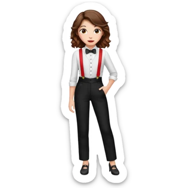 Woman with wavy brown hair and hazel eyes wearing black tuxedo pants with red suspenders sticker