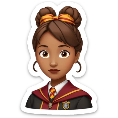 Angelina Johnson in harry potter, wear hogwarts gryfindor uniform,  thick, brown knot bun hair , reflecting her bold, stylish, and strong personality sticker