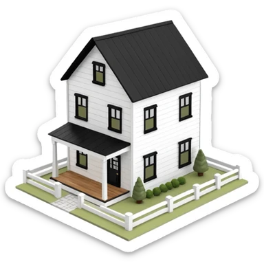 modern farmhouse dollhouse, white with black trim and wooden accents, 3d isometric  sticker