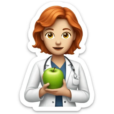 medium red hair woman nutritionist with apple sticker