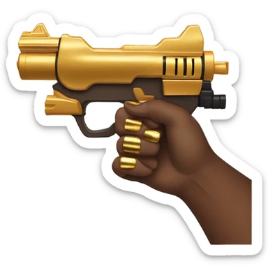 brown hand with gold nails holding large scary gold nerf gun sticker