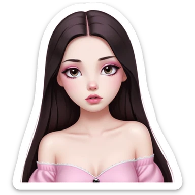 girl with white skin, dark brown long straight hair with middle part falling in front of her body, very big pouty extra shiny lips with absolutely no cupid's bow, big round shiny eyes with black eyeballs and huge eyelashes, no eyeshadow, pink blush on cheeks, lighter button nose, very long oval-shaped face, wearing a pink off-shoulder top, looking directly at camera with hands down at sides sticker