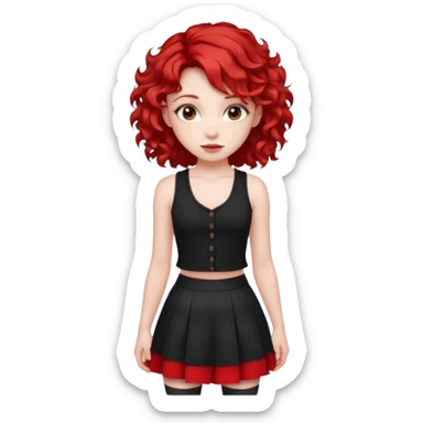 red haired girl with 2 big curls on the sides of her hair with a button up black tank top with red accents and a short skirt with red end sticker