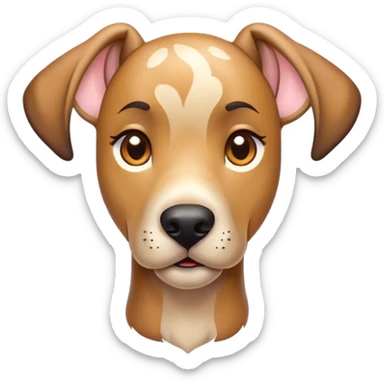 Cinematic Cute Fawn Great Dane Portrait Emoji, Head tilted playfully and inquisitively, showcasing a glossy fawn Fur with a subtle luster, round, sparkling amber eyes filled with curiosity, Simplified yet irresistibly adorable features, highly detailed, glowing with a warm, friendly glow, high shine, affectionate and gentle, stylized with a touch of whimsy, bright and endearing, soft glowing outline, capturing the essence of a mischievous yet loving pup, so playful it feels like it could lumber out of the screen and into your arms! sticker