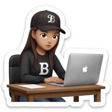 A professional 3D avatar of a young woman with light brown skin and long, dark brown hair, wearing a dark, long-sleeved shirt and a black baseball cap with a prominent white 'B' logo. She's sitting at a sleek wooden desk, typing on a silver MacBook. sticker