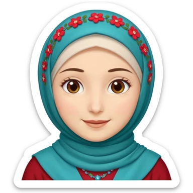 Turkish beautiful finish Konya girl brown eyes white skin with red blue green mini flowers hijab and brown islamic dress and smiles sticker