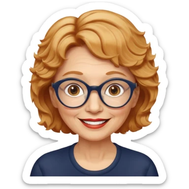 woman 70 years old, very short strawberry blonde weavy hair, brown eyes and round dark glasses smile sticker