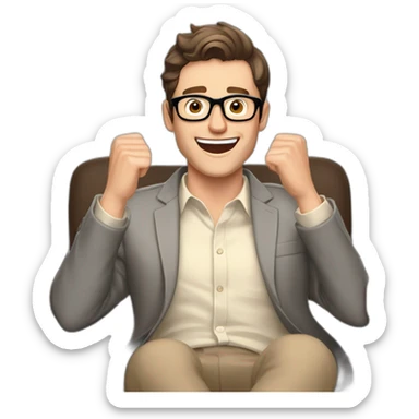 Joyful Celebrating victory Hands up Pale skinned Fit Man With dark brown hair in gray jacket, beige office shirt, Brown pants and vintage glasses sitting In a soft chair sticker