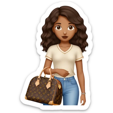  Brown girl with dark brown medium beach wavy hair carrying one Louis Vuitton purse on her arm while standing  sticker