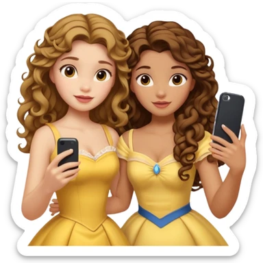 Haz un dos chicad una la princesa Bella de Disney y la otra uo con el pelo rizado largo haciendose un selfie como si et UVI ETB en el perquè de isney sticker