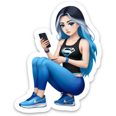 Shameful disappointed crying-very very very very big chest-texting on a samsung cell phone-very long straight flowing black to sky blue hair ombre-blue eyes-black eyeliner-long eyelashes-plastic sparkling sky blue very low cut tank top with sparkling superman logo-black leggings-nike sneakers sticker