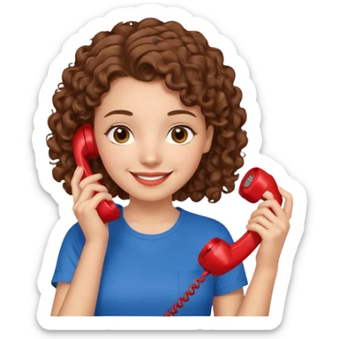 chica con piel blanca sonriendo, ojos marrones y pelo marrón atado con rulos con remera celeste. atendiendo un teléfono rojo sticker