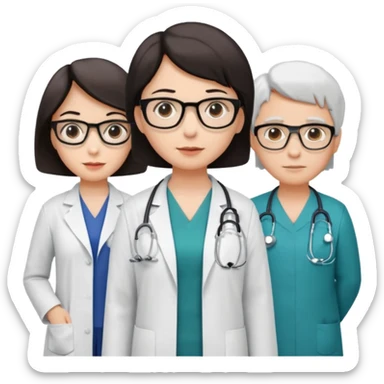 Create four doctors grouped together. Place a female doctor with dark brown short bob hair prominently in the front. Behind her, include:

a doctor with white hair wearing glasses,

a young male doctor with black hair and no glasses,

and a female doctor with black short bob hair wearing glasses. sticker