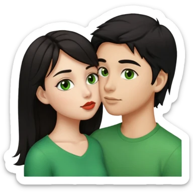 a girl with black hair and green eyes kissing a boy with brown hair and brown eyes, emoji style sticker